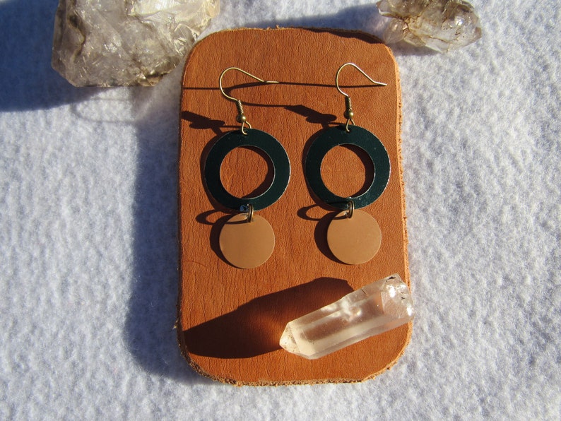 Modern Circular Cutout Dangle Tiered Tin Earrings Handmade from Recycled Materials Forest Green and Peach Colored