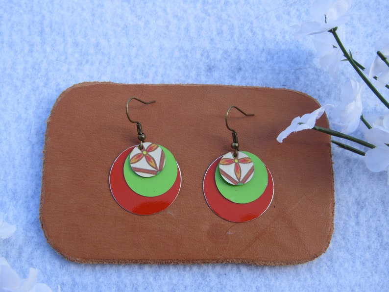Handmade from Recycled Materials Orange and Green Flower Design on Circular Layered Dangle Tin Earrings