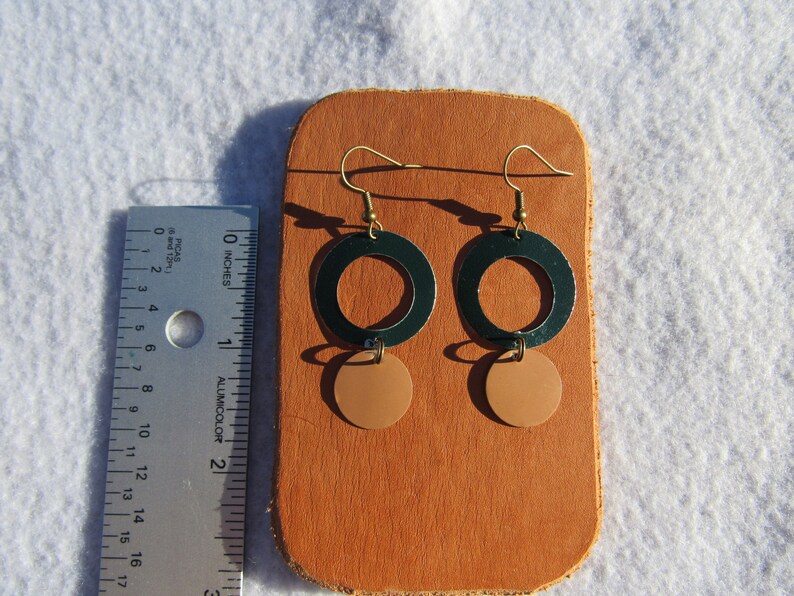 Modern Circular Cutout Dangle Tiered Tin Earrings Handmade from Recycled Materials Forest Green and Peach Colored