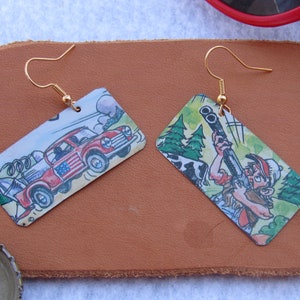 Redneck, Cartoon Moonshiner  Mismatched Rectangular Earrings. Made from Recycled Tins
