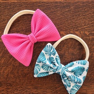 Monstera Leaves and Hot Pink Bows- Headband or Clip Options for Babies, Toddlers and Girls