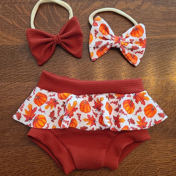 Fall Leaves and Pumpkins Mini Skirt Bummies and Headband Set - Autumn Leaves - Brick Red