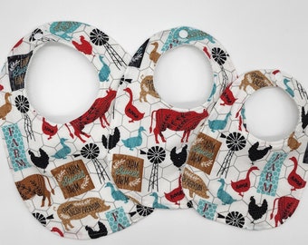 Farmer Baby bibs, three sizes, small, medium, large, fully reversible, 100% cotton, KAM snap closure, farm geese cows chicken rooster pig