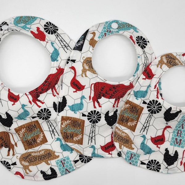 Farmer Baby bibs, three sizes, small, medium, large, fully reversible, 100% cotton, KAM snap closure, farm geese cows chicken rooster pig