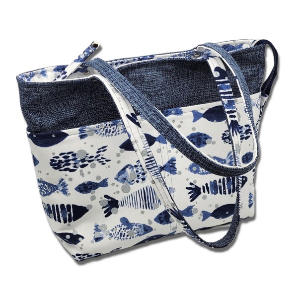 Navy and White Handbag/Tote, Summer, Aquatic, Fish Fabric Handbag, top zip closure, external pockets, internal pockets, fully lined