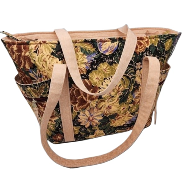 Extra Large Floral Fabric Tote, Project or Beach Bag, top-zip closure, external zipper and slip pockets, internal pockets fully lined sturdy