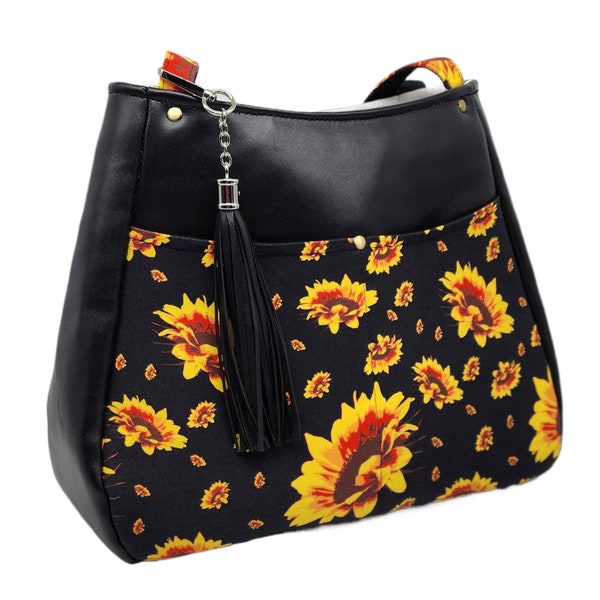 Vinyl and Cotton Tote with Top Zip Closure, Sunflower Daisy Print Fabric, Black Vinyl, Exterior & Interior Pockets  ~TEST VERSION~