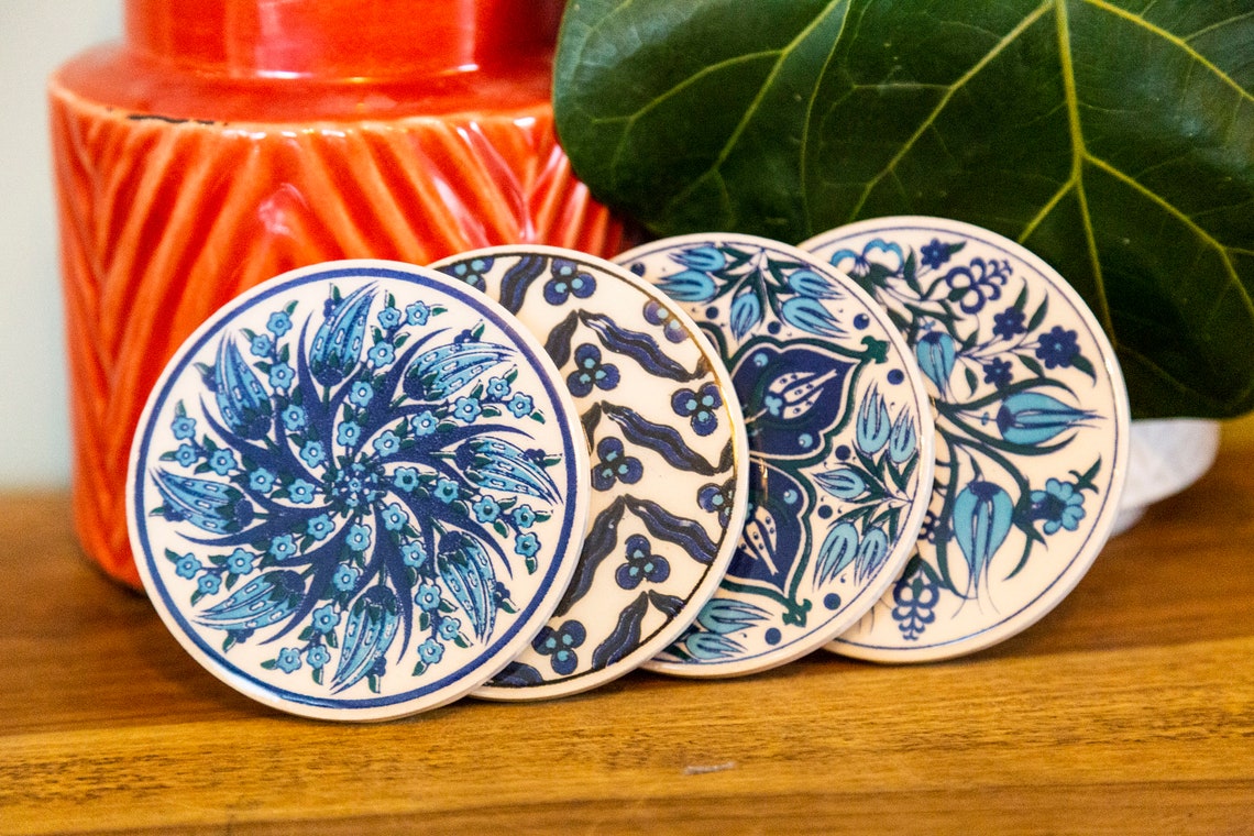 GREEK CERAMIC COASTERS Set of 4 Patterned Non Slip Drinks Etsy