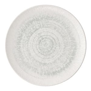 May include: A white ceramic plate with a textured surface and a light grey, concentric circular pattern. The plate has a smooth, raised rim. The design is subtle and artistic. Suitable for serving food. The plate's diameter is approximately 25 cm.