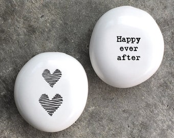 East of India, Wedding Gift, Valentine's Gift, Anniversary Gift, Engagement gift, Porcelain Pebble 2 hearts happy ever after