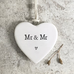East of India, White Porcelain Heart Signs, Same sex wedding, Male couple, Quote Mr and Mr, Wedding, Valentine's Day, Anniversary ,