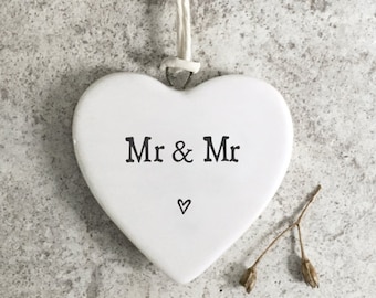 East of India, White Porcelain Heart Signs, Same sex wedding, Male couple, Quote Mr and Mr, Wedding, Valentine's Day, Anniversary ,