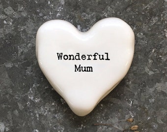 East of India Pebble Heart Inscribed with Wonderful Mum.