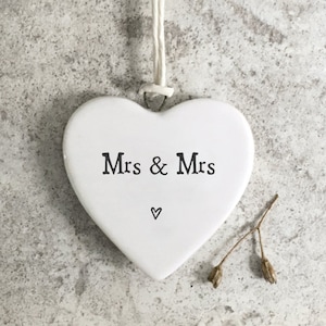 East of India, White Porcelain Heart Signs, Same sex wedding, Female couple, Quote Mrs and Mrs, Wedding, Valentine's Day, Anniversary ,