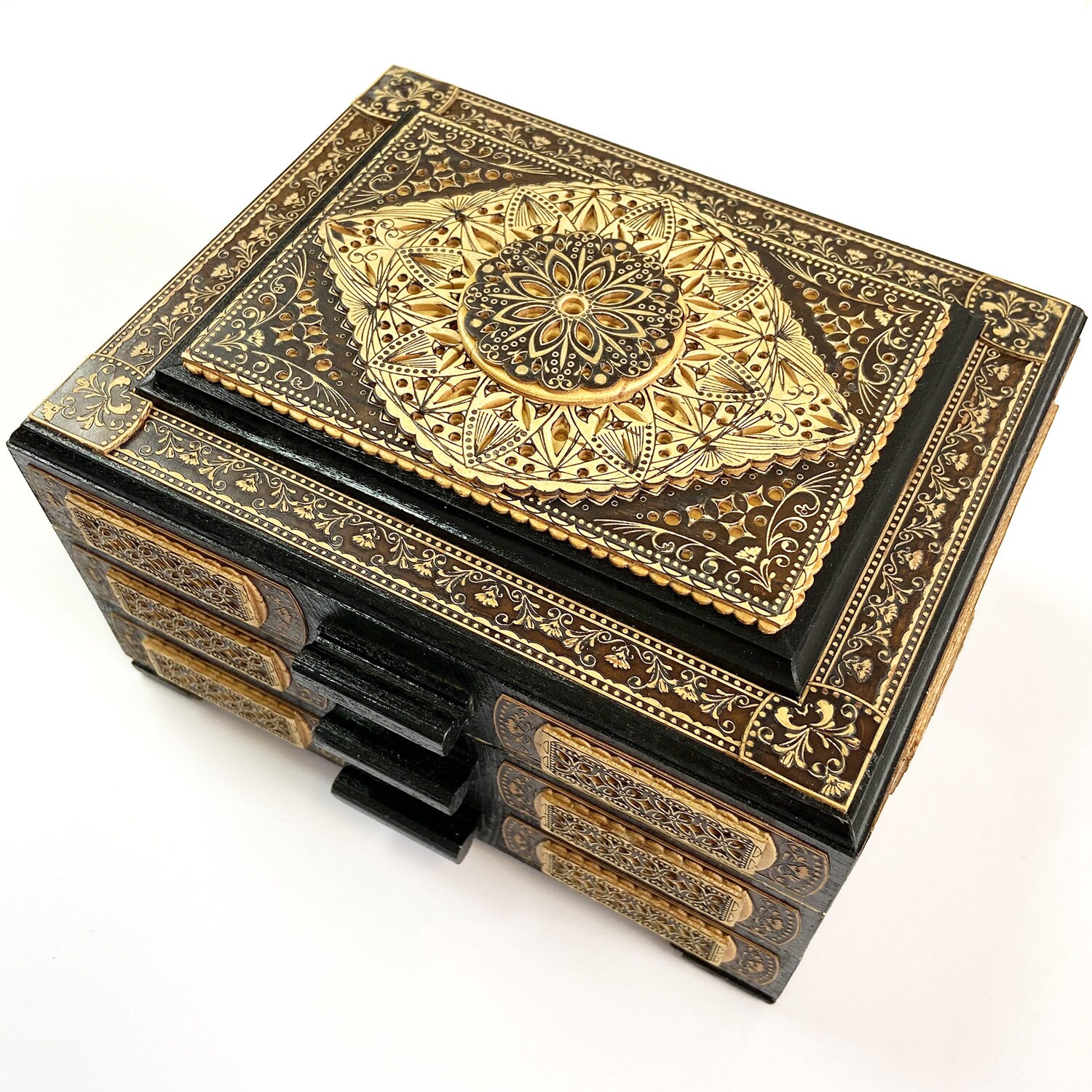 Tabletop jewelry drawers box with fabric velvet, inlaid with carved birch bark. Has three pull-out tiers, handmade - intricate carving.
