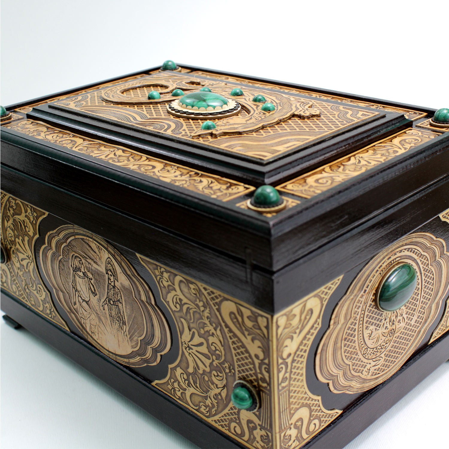 Large wooden chest inlaid with malachite and birch bark. Jewelry box with two tiers and cells with soft velvet at the bottom.Malachite Chest