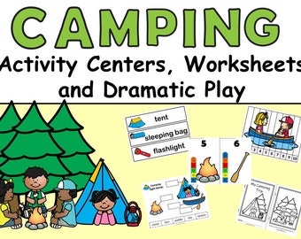 May include: A colorful printable set for kids featuring camping activities, worksheets, and dramatic play. The set includes images of a tent, sleeping bag, flashlight, campfire, canoe, and a worksheet with the words "My Camping Trip".