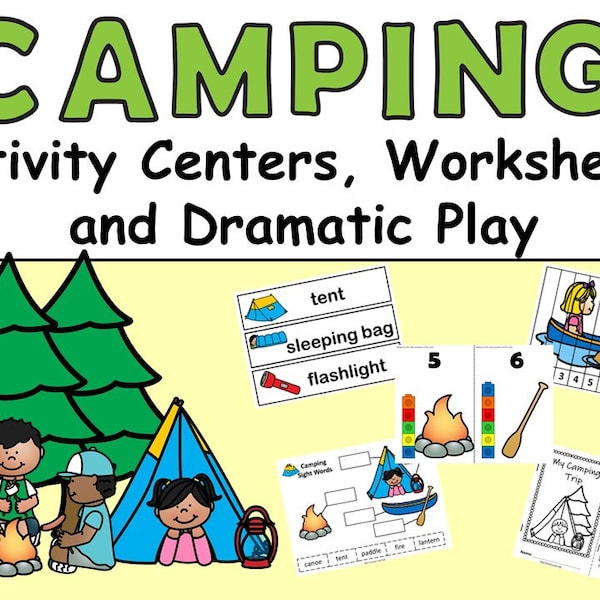 CAMPING PRE-K Activity Centers, Worksheets, and Dramatic Play - 97 pages