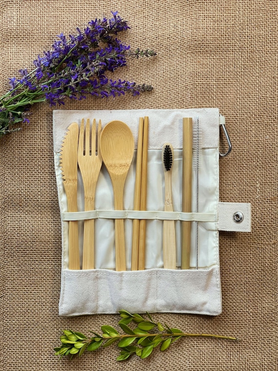 Bamboo Utensils Reusable Cutlery Travel Set Eco-friendly Wooden Silverware  Portable Utensils Bamboo Spoon, Fork, Knife, Brush, Chopsticks 