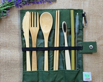 Bamboo Utensils Reusable Cutlery Travel Set - Eco-Friendly Outdoor Portable Utensils- Bamboo Spoon, Fork, Knife, Brush, Chopsticks