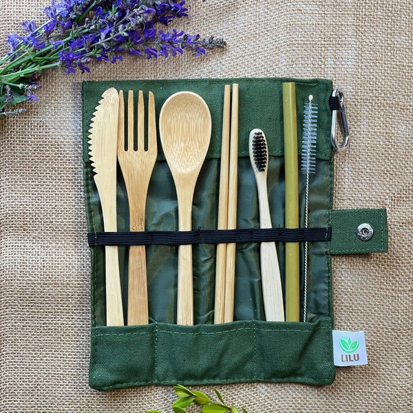 Bamboo Utensils Reusable Cutlery Travel Set - Eco-Friendly Outdoor Portable Utensils- Bamboo Spoon, Fork, Knife, Brush, Chopsticks