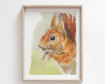 Squirrel watercolour print, Squirrel art print, Woodland art, painting print, original art, wall art, watercolor, Red Squirrel Print