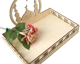 Bandeja de madera Eid Mubarak, decoración Eid para mesa, plato para servir Eid, soporte de exhibición, adorno decorativo, perfecto para servir postres Eid de Ramadán