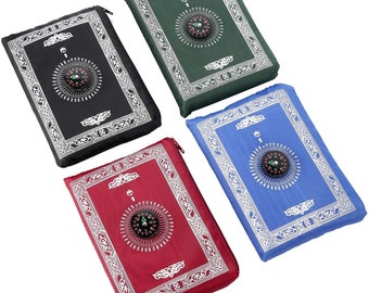 Alfombra de oración de viaje con brújula, bolsa de transporte de bolsillo y brújula adjunta, alfombra de oración portátil de poliéster de 60 x 100 cm, juego de 4 piezas