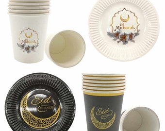 Juego de platos y vasos de Eid Mubarak de 12 PC (blanco o negro) más 5 PC de topper para pasteles (oro o plata) perfecto para la decoración de Iftar y Eid al-Fitr