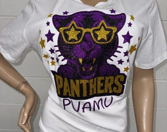 PVAMU Panthers T-Shirt | Prairie View A&M University Glitter Tee | HBCU Pride Shirt | Purple and Gold Panther Graphic Tee