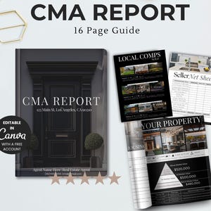 Canva-sjabloon met CMA-gids voor onroerend goed: presentatie van de listing van een makelaar (downloadbaar pdf-bestand)