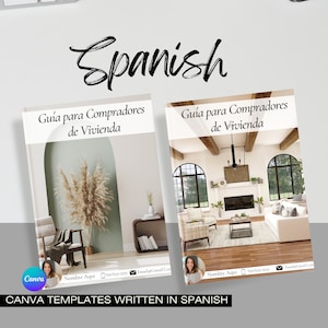 Puede incluir: Dos portadas de libros en español, tituladas "Guía para Compradores de Vivienda". Una muestra una habitación con un sofá beige y chimenea, la otra una habitación con una silla y hierba de la pampa. El texto "CANVA TEMPLATES WRITTEN IN SPANISH" está en la parte inferior.