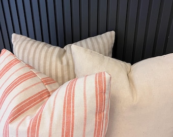 Coral Linen Pillow Cover, Striped Cotton Pillow Cover, Cream Linen Lumbar Pillow Cover, Accent Throw Pillow, Decorative Pillow Case for Sofa