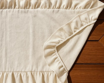 Linen Table Runner with Ruffle 14x72, Beige Farmhouse Runner for Rustic Dining Table, French Country Wedding Table Decor
