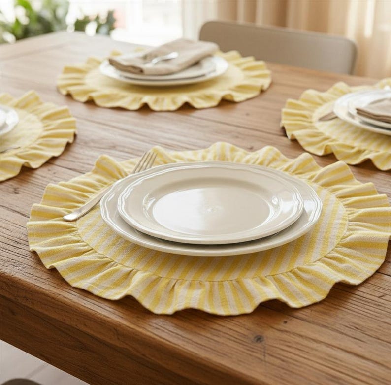 What Is Ruffle Place Yellow Linen Ruffled Placemat, Farmhouse Kitchen Charger, French ...
