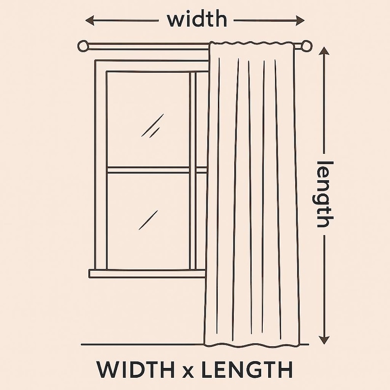 May include: Line drawing of a window with a curtain, illustrating width and length measurements. The text "WIDTH x LENGTH" is at the bottom. The image is on a beige background.