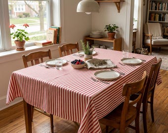 Red and White Striped Tablecloth, Cotton Boho Tablecloth Farmhouse Soft Linen Table Cloth for Kitchen & Table Linens, Round Cover Tablecloth