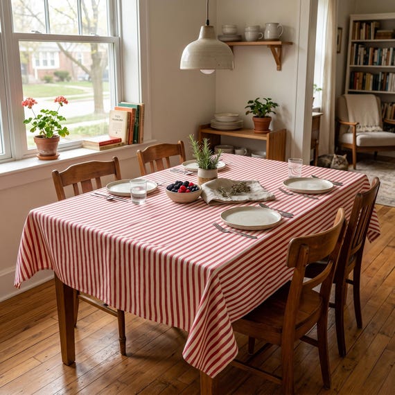 Rot Weiß Gestreifte Tischdecke, Baumwolle Boho Tischdecke Bauernhaus Weiche Leinen Tischdecke für Küche & Tischwäsche, runde Deckdecke