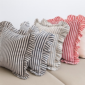 Black Stripe Linen Pillow Cover, Stripe Ruffle Cushion Green, Throw Pillow Cover Striped Ruffle, Outdoor Pillows With Ruffles