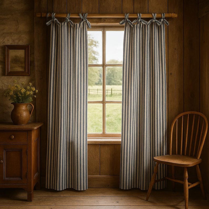 May include: Striped blue and cream curtains hang in a wooden-paneled room, framing a window with a view of a green field. The curtains are tied back with matching fabric. A wooden chair and cabinet complete the rustic scene.