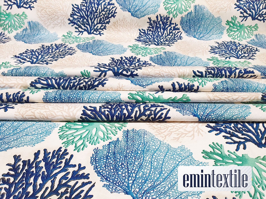 Blue Coral Fabric by the Yard, Ocean Blue White Upholstery Fabric