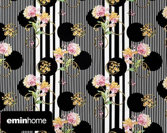 Striped Floral Fabric, Black and White Striped Fabric, Striped Floral Upholstery Fabric by the Yard, Indoor Outdoor Home Textile Fabric