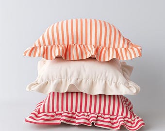 Orange Striped Ruffle Pillow Cover – Cream Linen Throw Pillow – Red Stripe Christmas Decor Cushion – Farmhouse Couch Pillows Set
