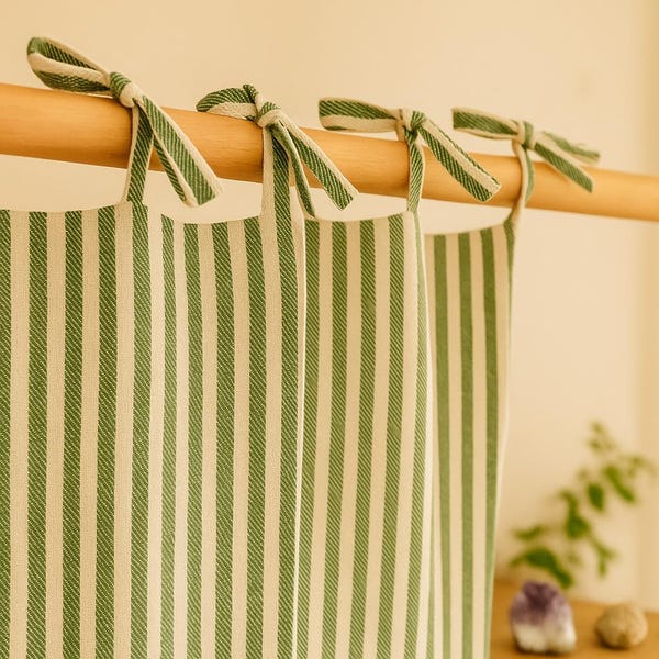 Green Striped Linen Curtains – Semi Sheer Cottage Curtains, Rod Pocket / Tie Top / Tab Top, Custom Size Panel