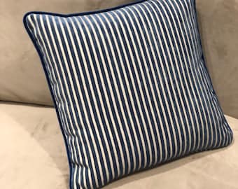 Blue Striped Velvet Pillow, Blue White Velvet Pillow Cover, Luxury Designer Pillow Cover 18x18 inch, Sofa Couch Throw Pillow 45x45 cm