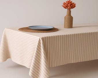 Rustic Linen Tablecloth – Striped Cotton Blend, Farmhouse Dining Table Cover, Custom Sizes