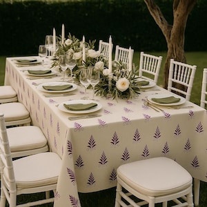 Beige Tablecloth with Purple Boho Motif – Rectangular or Square Table Cover for Dining Room or Events, Purple Beige Table Runner