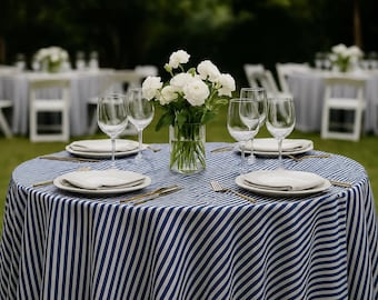 Blue Striped Round Linen Tablecloth, Wedding Table Cover, Coastal Dining Decor, Nautical Party Table Linen