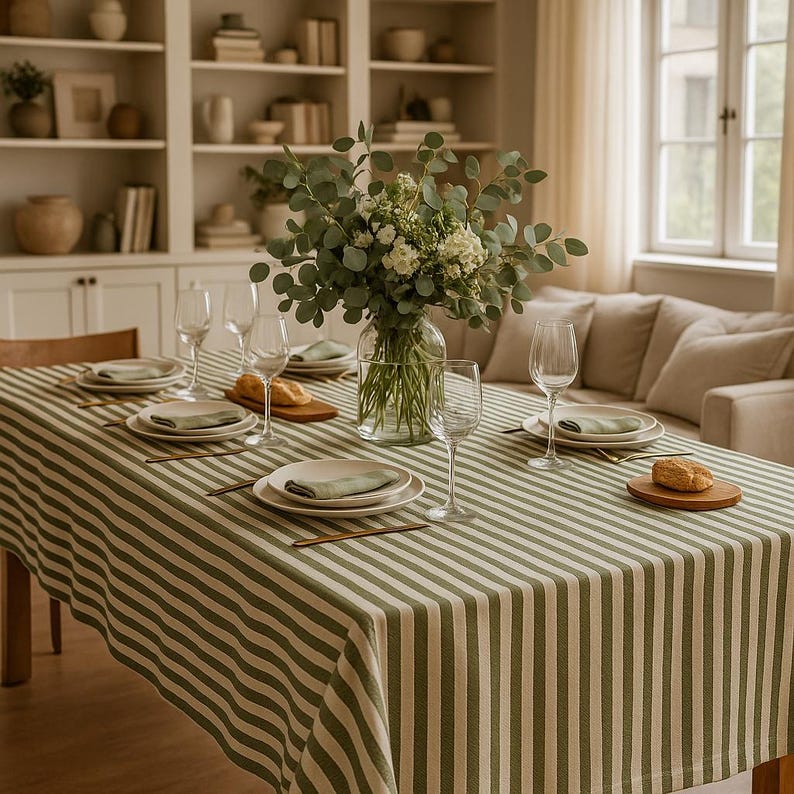 Farmhouse Table Cloth for Kitchen Dining Room, Washable Decorative Cotton Table Covers for Party, Sage Green Table Cover Round Circle image 10