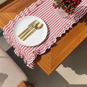 Linen Farmhouse Red Table Runner – Striped Ruffle Linen Runner for Rustic Kitchen or Dining Room Decor, Custom Size Available